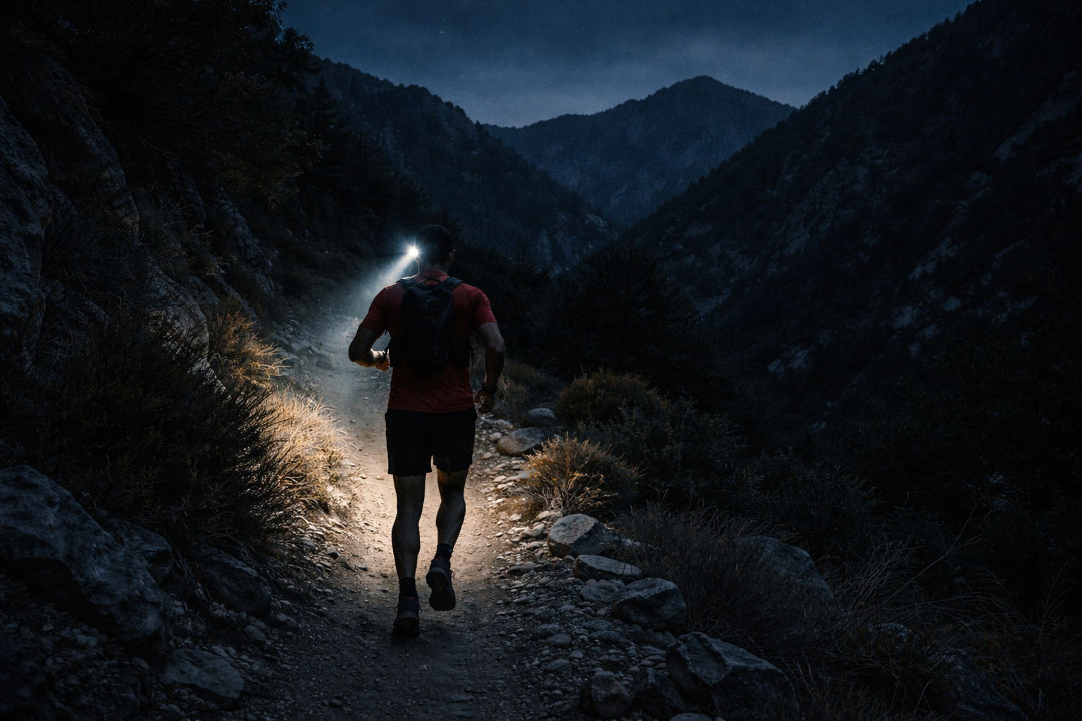 Runner alone at night with headlamp