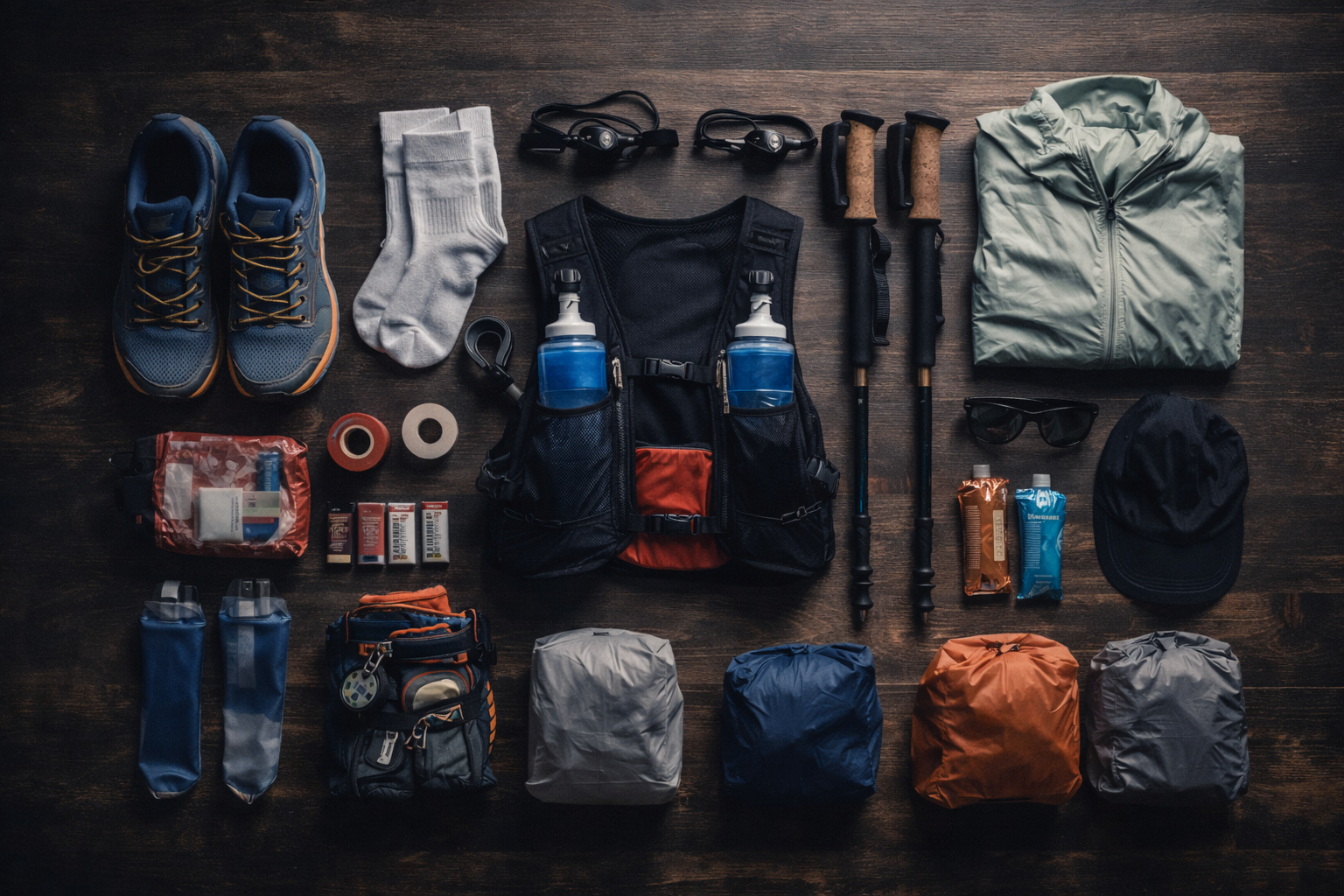 AC100 race gear and drop bags laid out on a table